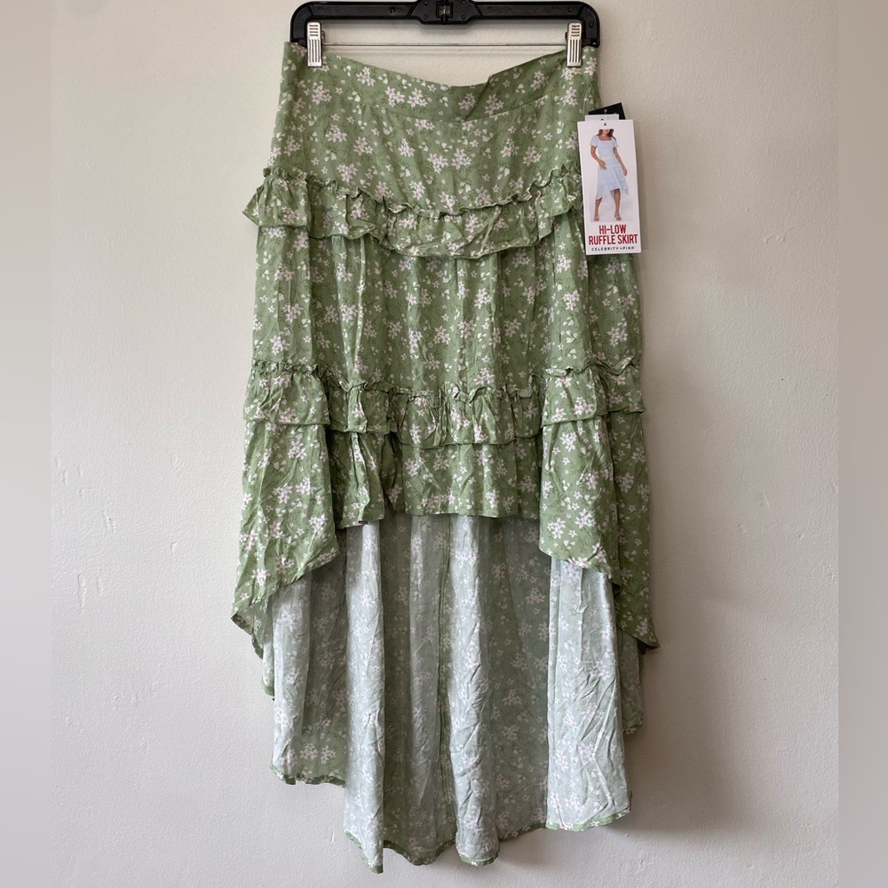 Celebrity Pink Floral High Low Ruffle Midi Skirt Green Size L